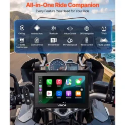 VEVOR 7 Inch Wireless Motorcycle Carplay with Apple Carplay & Android Auto, HD Touchscreen GPS Navigation System with Dual Cameras & Bluetooth, TPMS, Voice Control, 64GB Card - Fits All Motorcycles