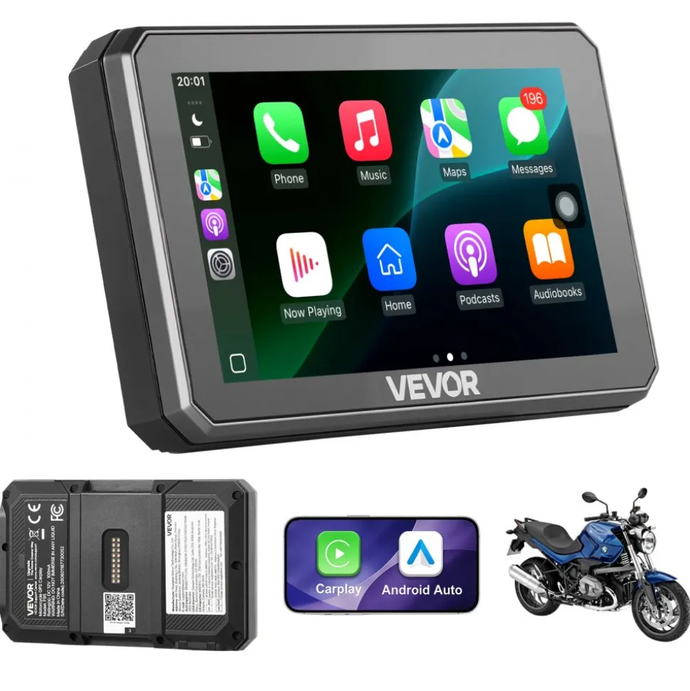 VEVOR 5 Inch Wireless Motorcycle Carplay with Apple Carplay & Android Auto, HD Touchscreen GPS Navigation System with Dual Bluetooth, Siri/Google Voice Assistant, IP67, Compatible with BMW Motorcycles