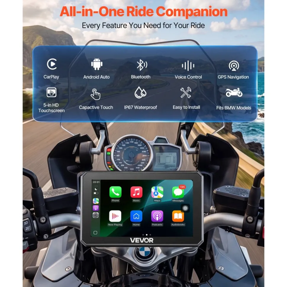 VEVOR 5 Inch Wireless Motorcycle Carplay with Apple Carplay & Android Auto, HD Touchscreen GPS Navigation System with Dual Bluetooth, Siri/Google Voice Assistant, IP67, Compatible with BMW Motorcycles