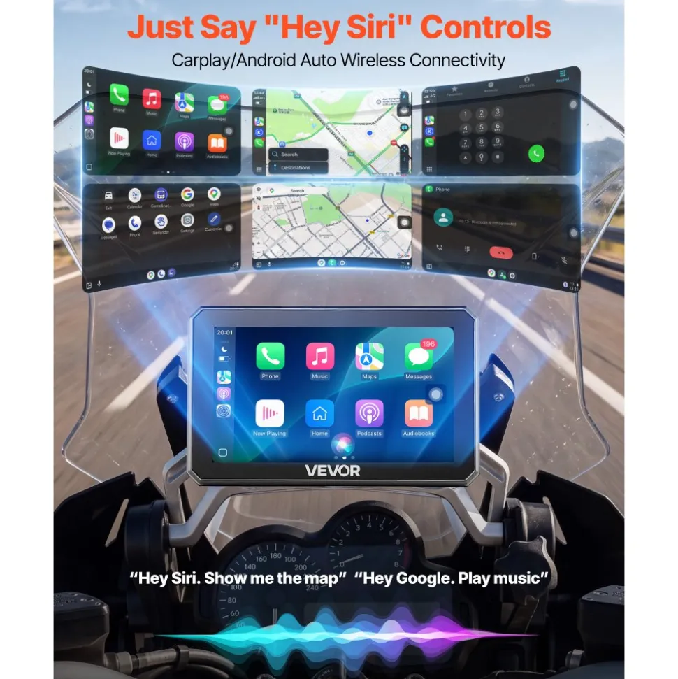 VEVOR 5 Inch Wireless Motorcycle Carplay with Apple Carplay & Android Auto, HD Touchscreen GPS Navigation System with Dual Bluetooth, Siri/Google Voice Assistant, IP67, Compatible with BMW Motorcycles