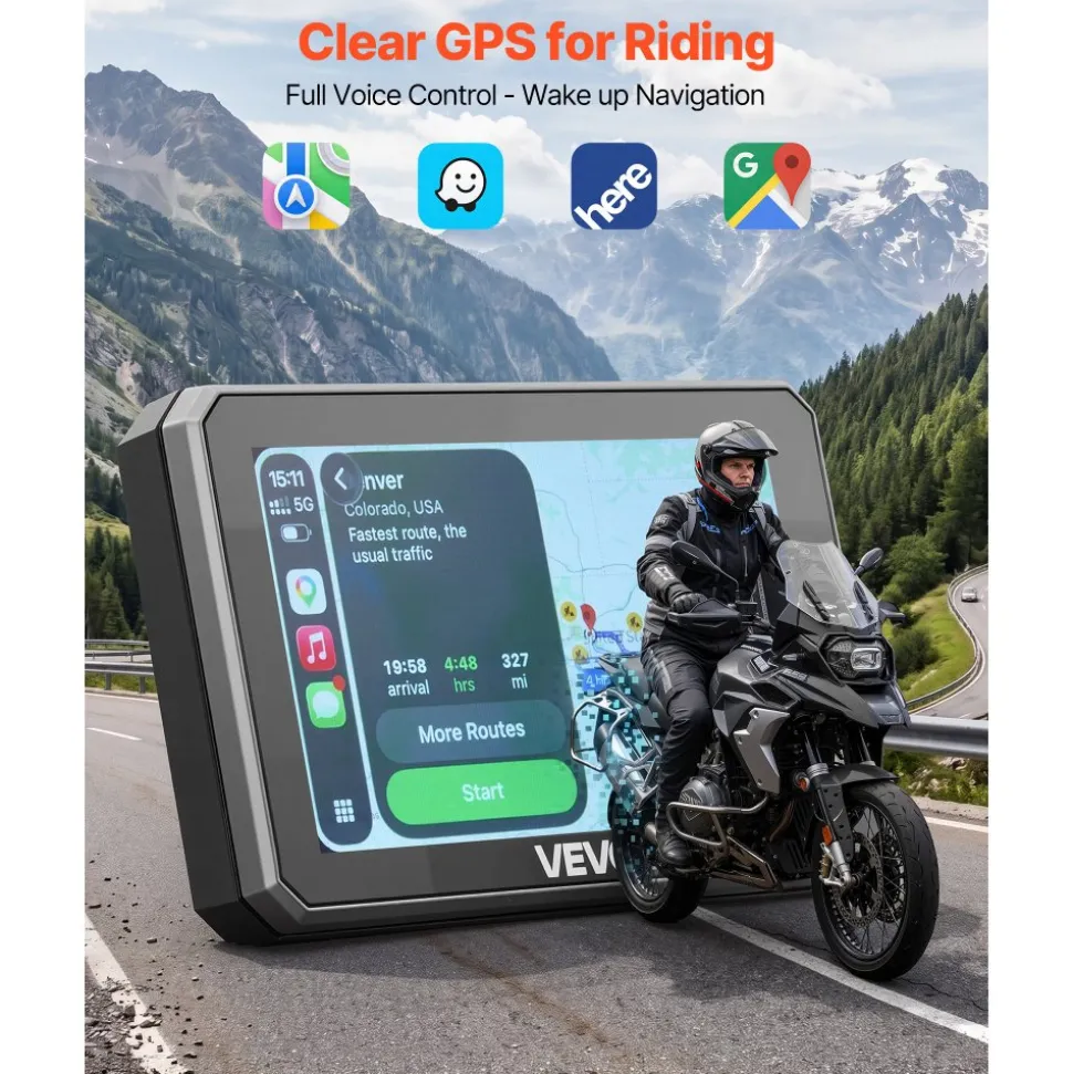 VEVOR 5 Inch Wireless Motorcycle Carplay with Apple Carplay & Android Auto, HD Touchscreen GPS Navigation System with Dual Bluetooth, Siri/Google Voice Assistant, IP67, Compatible with BMW Motorcycles