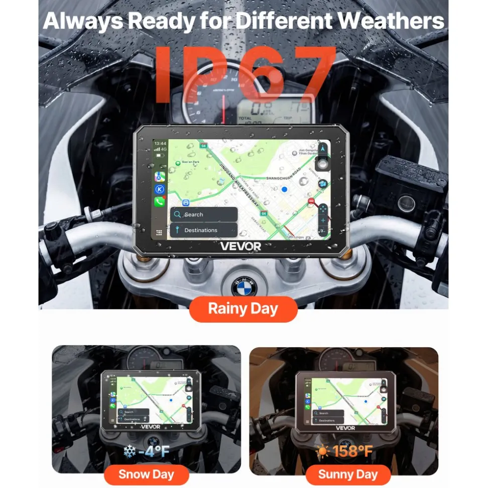 VEVOR 5 Inch Wireless Motorcycle Carplay with Apple Carplay & Android Auto, HD Touchscreen GPS Navigation System with Dual Bluetooth, Siri/Google Voice Assistant, IP67, Compatible with BMW Motorcycles