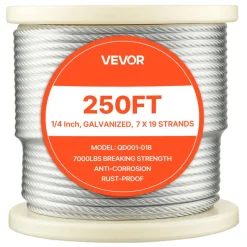 VEVOR 1/4 Inch Wire Rope, 250 ft Length, Zinc Galvanized Carbon Steel Cable with Gloves, 7000 lbs Breaking Strength, 7 x 19 Strands Construction, Wire Cable for Deck Railing System, Garden Trellis