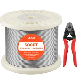 VEVOR 1/8 Inch Wire Rope, 500 ft Length, 316 Stainless Steel Wire Cable with Cutter, 1760 lbs Breaking Strength, 1 x 19 Strands Construction, Steel Cable for Deck Railing System, Garden Trellis