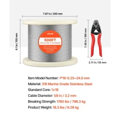 VEVOR 1/8 Inch Wire Rope, 500 ft Length, 316 Stainless Steel Wire Cable with Cutter, 1760 lbs Breaking Strength, 1 x 19 Strands Construction, Steel Cable for Deck Railing System, Garden Trellis