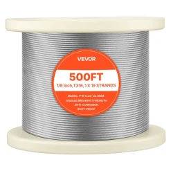 VEVOR 1/8 Inch Wire Rope, 500 ft Length, 316 Stainless Steel Wire Cable with Cutter, 1760 lbs Breaking Strength, 1 x 19 Strands Construction, Steel Cable for Deck Railing System, Garden Trellis