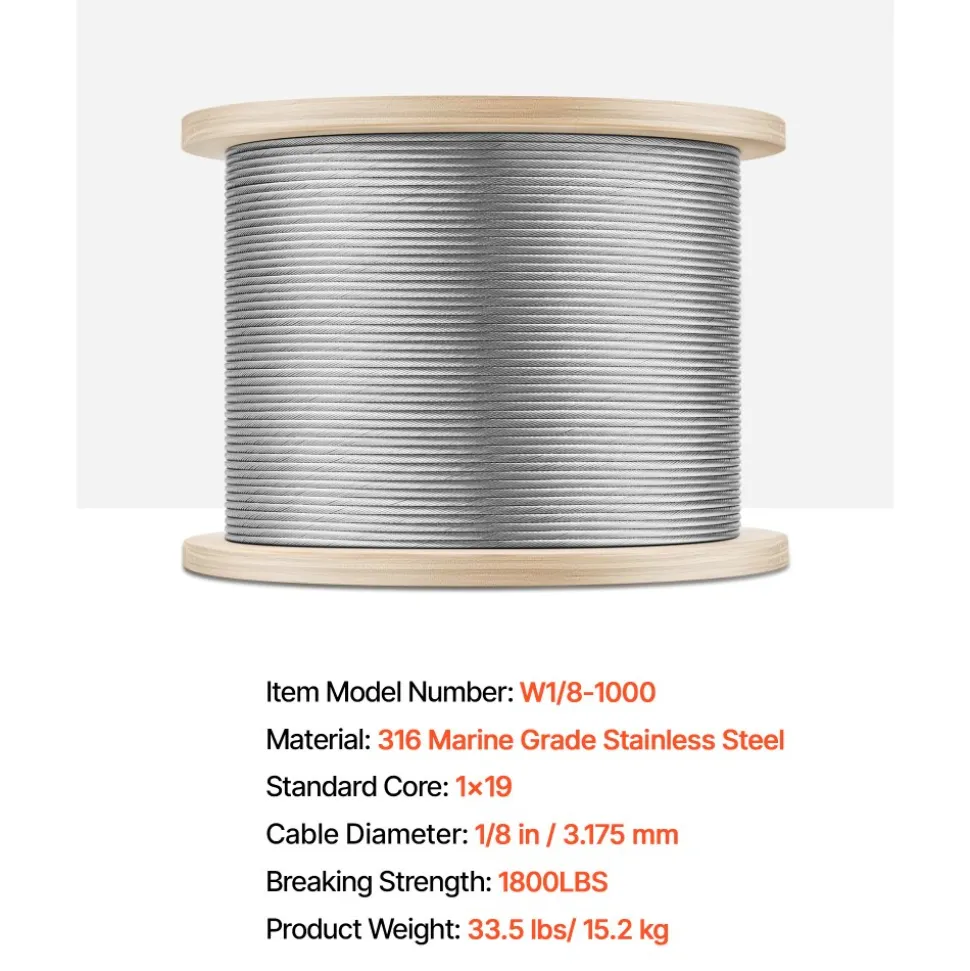 VEVOR 1/8 Inch Wire Rope, 1000 ft Length, 316 Stainless Steel Wire Cable with Cutter, 1760 lbs Breaking Strength, 1 x 19 Strands Construction, Steel Cable for Deck Railing System, Garden Trellis