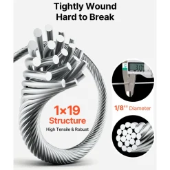 VEVOR 1/8 Inch Wire Rope, 1000 ft Length, 316 Stainless Steel Wire Cable with Cutter, 1760 lbs Breaking Strength, 1 x 19 Strands Construction, Steel Cable for Deck Railing System, Garden Trellis