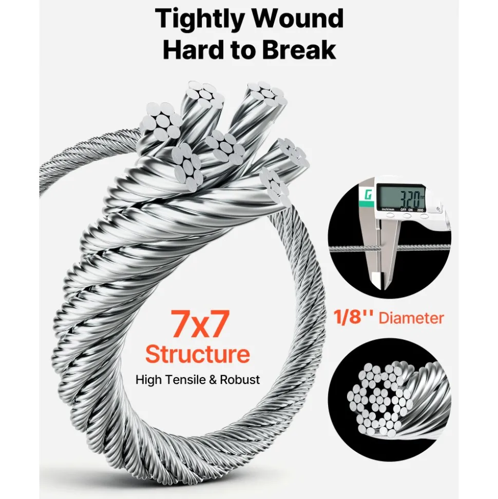 VEVOR 3/32 Inch Wire Rope Kit, 165 ft Length, 304 Stainless Steel Wire Cable, 450 lbs Breaking Strength, 7 x 7 Strands Construction, Steel Cable for Deck Railing System, Garden Trellis, String Lights