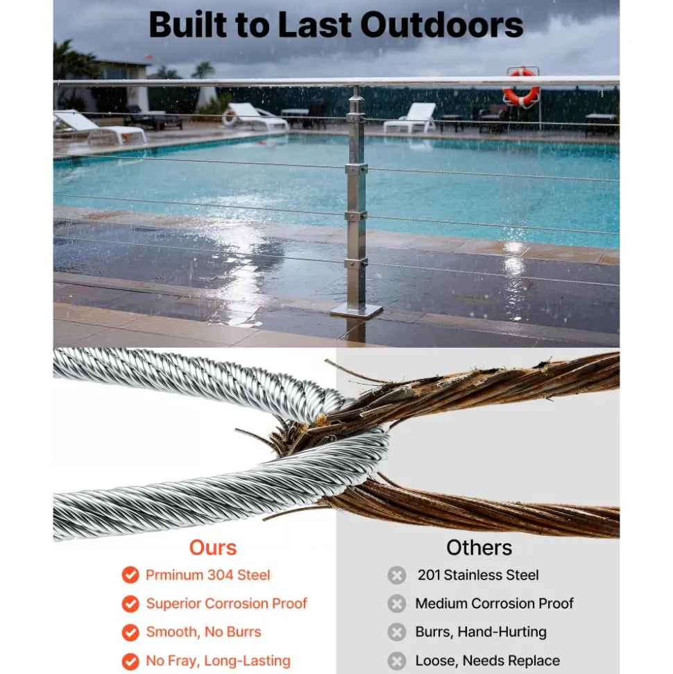 VEVOR 3/32 Inch Wire Rope Kit, 165 ft Length, 304 Stainless Steel Wire Cable, 450 lbs Breaking Strength, 7 x 7 Strands Construction, Steel Cable for Deck Railing System, Garden Trellis, String Lights