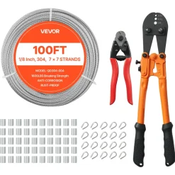 VEVOR 3/32 Inch Wire Rope Kit, 165 ft Length, 304 Stainless Steel Wire Cable, 450 lbs Breaking Strength, 7 x 7 Strands Construction, Steel Cable for Deck Railing System, Garden Trellis, String Lights