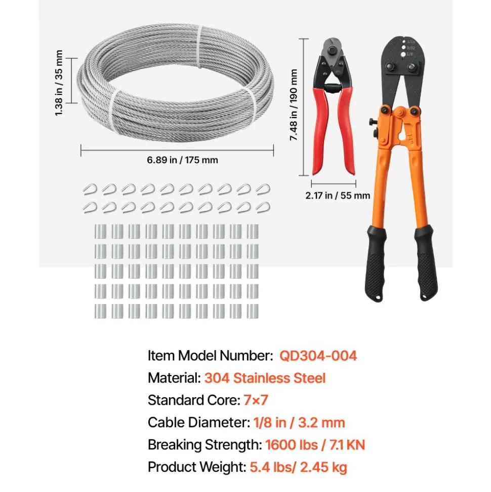 VEVOR 3/32 Inch Wire Rope Kit, 165 ft Length, 304 Stainless Steel Wire Cable, 450 lbs Breaking Strength, 7 x 7 Strands Construction, Steel Cable for Deck Railing System, Garden Trellis, String Lights