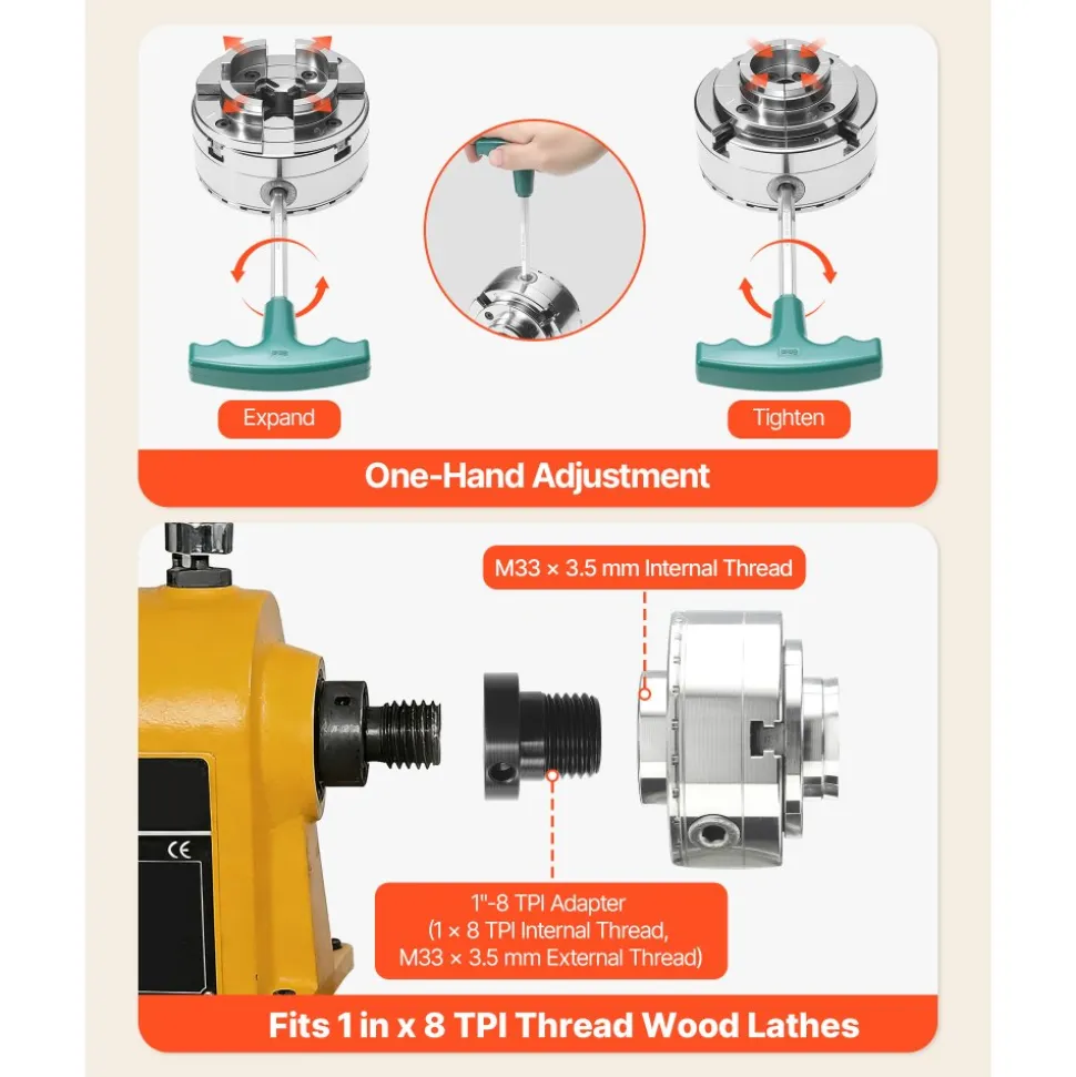 VEVOR 4 Inch Wood Lathe Chuck, 4-Jaw, Bevel-Gear Self-Centering Wood Turning Chuck Set with 1" x 8TPI Thread & Adapter, 5 PCS Jaws Round/Flat/Step/Pin, Carry Case, Nickel-Plated, for Woodworking Lathe