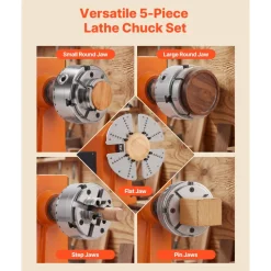 VEVOR 4 Inch Wood Lathe Chuck, 4-Jaw, Bevel-Gear Self-Centering Wood Turning Chuck Set with 1