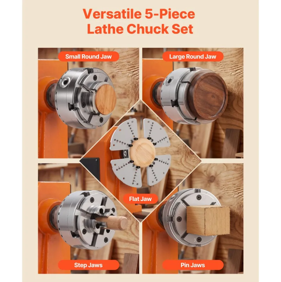 VEVOR 4 Inch Wood Lathe Chuck, 4-Jaw, Bevel-Gear Self-Centering Wood Turning Chuck Set with 1" x 8TPI Thread & Adapter, 5 PCS Jaws Round/Flat/Step/Pin, Carry Case, Nickel-Plated, for Woodworking Lathe