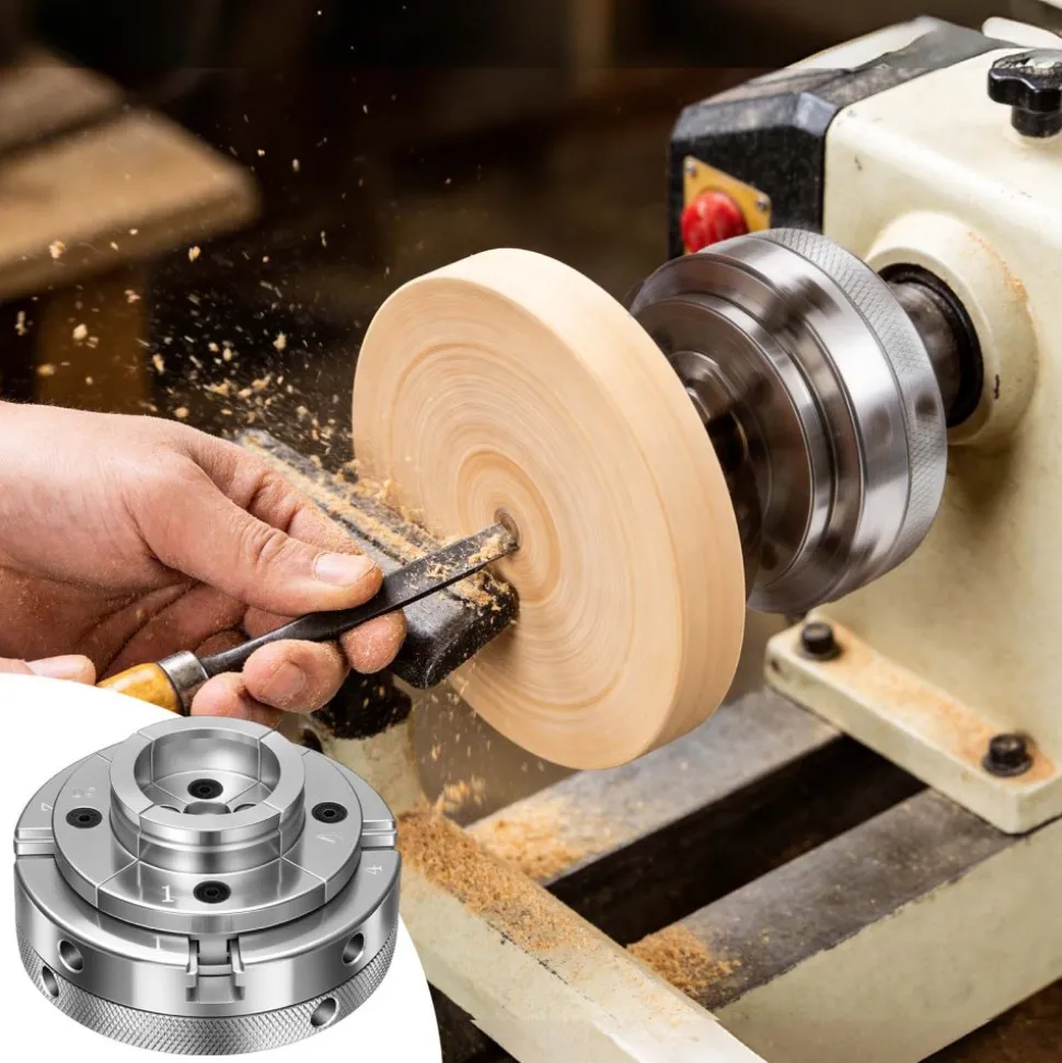 VEVOR 4 Inch Wood Lathe Chuck, 4-Jaw, Self-Centering Wood Turning Chuck Set with 1" x 8TPI Thread & Adapter, Nickel-Plated, High-Hardness Steel, Inside Clamping & Outside Support, for Woodworking