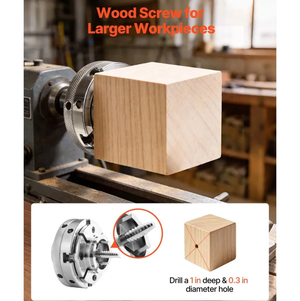 VEVOR 4 Inch Wood Lathe Chuck, 4-Jaw, Self-Centering Wood Turning Chuck Set with 1" x 8TPI Thread & Adapter, Nickel-Plated, High-Hardness Steel, Inside Clamping & Outside Support, for Woodworking