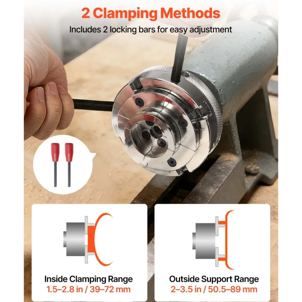 VEVOR 4 Inch Wood Lathe Chuck, 4-Jaw, Self-Centering Wood Turning Chuck Set with 1" x 8TPI Thread & Adapter, Nickel-Plated, High-Hardness Steel, Inside Clamping & Outside Support, for Woodworking