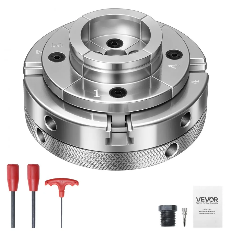 VEVOR 4 Inch Wood Lathe Chuck, 4-Jaw, Self-Centering Wood Turning Chuck Set with 1" x 8TPI Thread & Adapter, Nickel-Plated, High-Hardness Steel, Inside Clamping & Outside Support, for Woodworking