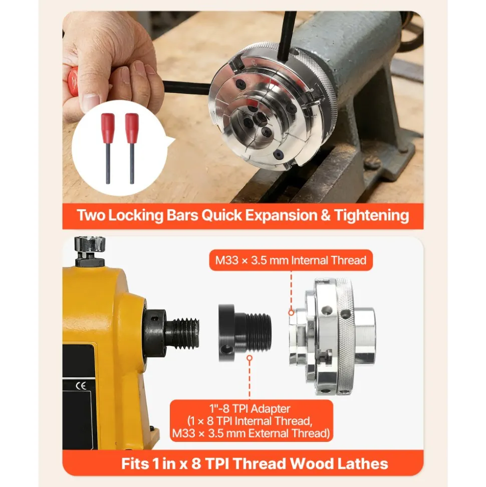 VEVOR 4 Inch Wood Lathe Chuck, 4-Jaw, Self-Centering Wood Turning Chuck Set with 1" x 8TPI Thread & Adapter, 4 PCS Round/Step/Pin Jaws, Case, Nickel-Plated, High-Hardness Steel, for Woodworking Lathe