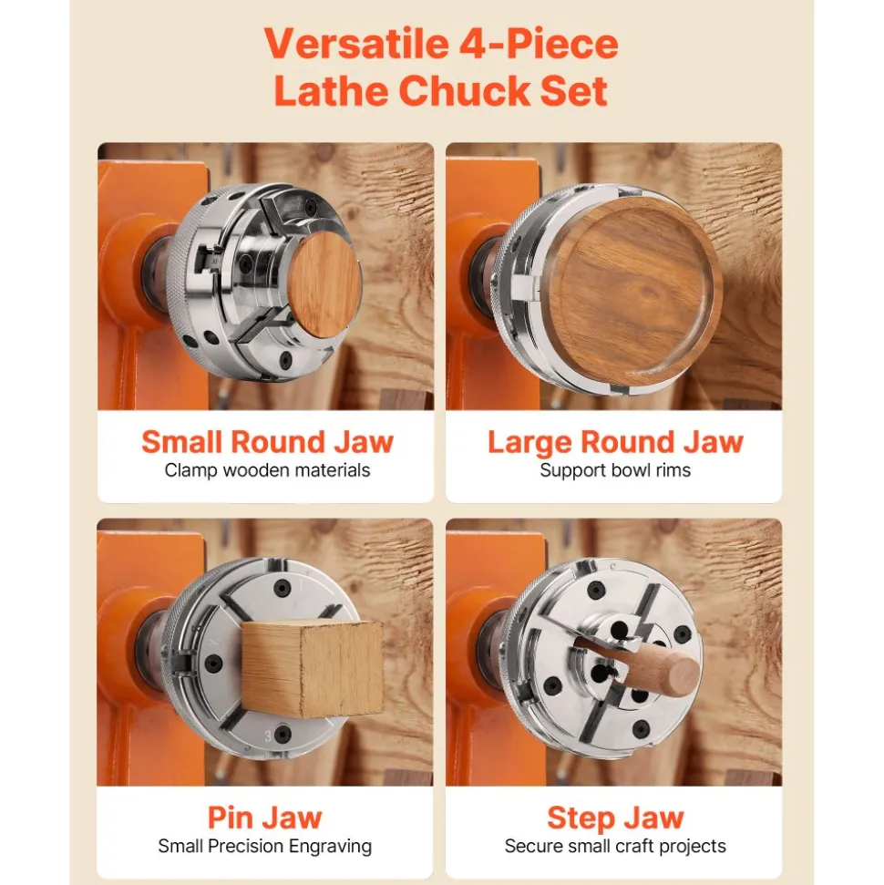 VEVOR 4 Inch Wood Lathe Chuck, 4-Jaw, Self-Centering Wood Turning Chuck Set with 1" x 8TPI Thread & Adapter, 4 PCS Round/Step/Pin Jaws, Case, Nickel-Plated, High-Hardness Steel, for Woodworking Lathe