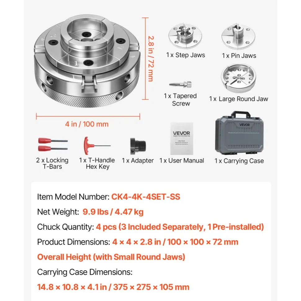 VEVOR 4 Inch Wood Lathe Chuck, 4-Jaw, Self-Centering Wood Turning Chuck Set with 1" x 8TPI Thread & Adapter, 4 PCS Round/Step/Pin Jaws, Case, Nickel-Plated, High-Hardness Steel, for Woodworking Lathe