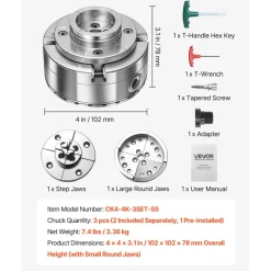 VEVOR 4 Inch Wood Lathe Chuck, 4-Jaw, Bevel-Gear Self-Centering Wood Turning Chuck Set with 1