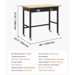 VEVOR 48-inch Workbench, 1500 lbs Load Capacity, Garage Workbench with Drawer Storage & Wheels, Workshop Bench on Wheels, Heavy Duty Oak Wood Top Work Table for Garage, Workshop, Office, and Home