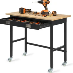 VEVOR 48-inch Workbench, 1500 lbs Load Capacity, Garage Workbench with Drawer Storage & Wheels, Workshop Bench on Wheels, Heavy Duty Oak Wood Top Work Table for Garage, Workshop, Office, and Home