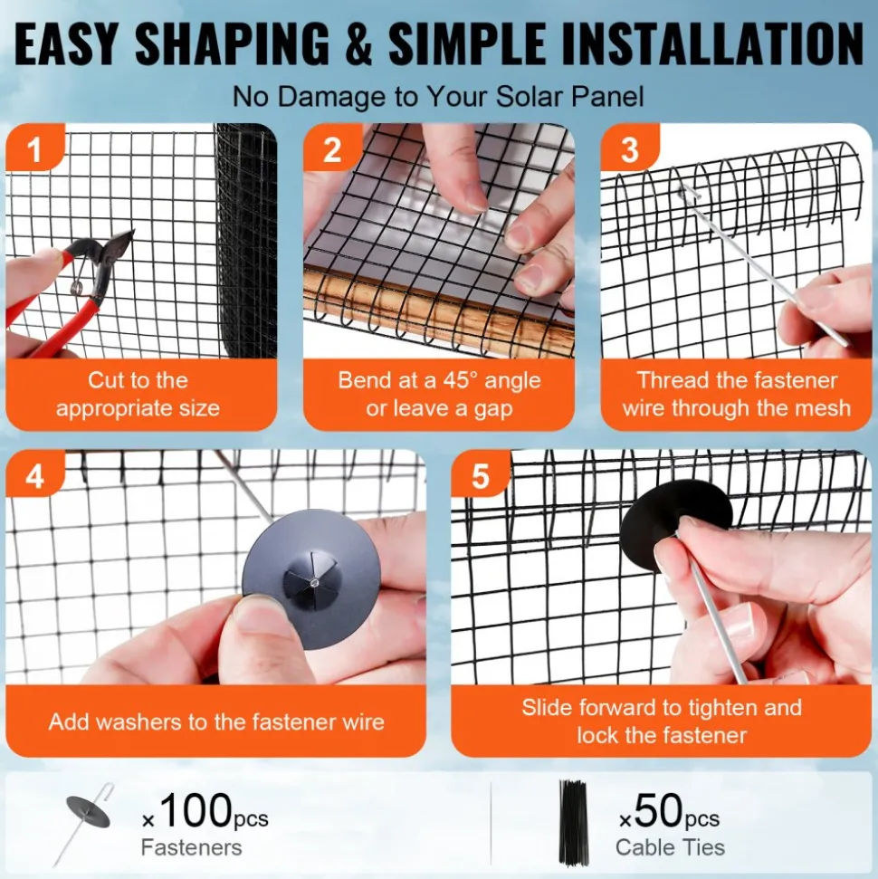 VEVOR 6 inch x 100ft Solar Panel Bird Guard, Critter Guard Roll Kit with 100pcs Aluminum Alloy Fasteners, Solar Panel Guard with Rust-proof PVC Coating, 1/2 inch Wire Roll Mesh