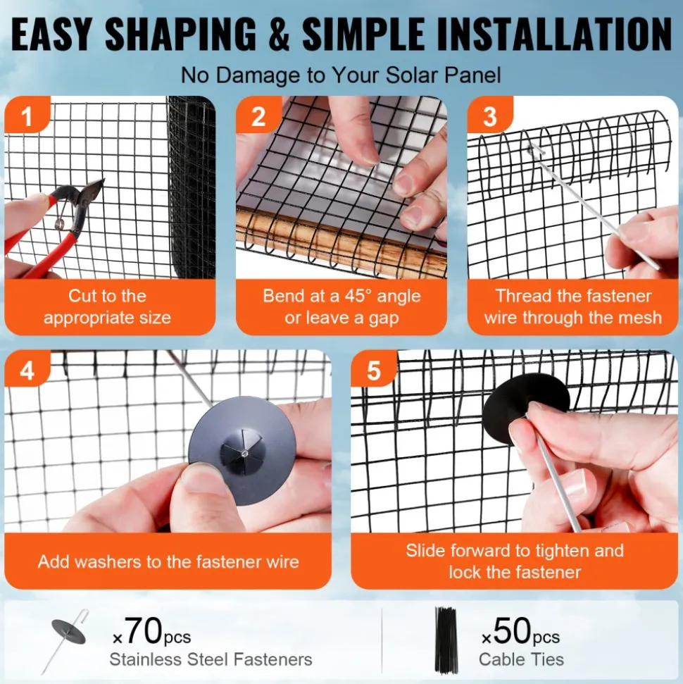 VEVOR 8 inch x 100ft Solar Panel Bird Guard, Critter Guard Roll Kit with 70pcs Aluminum Alloy Fasteners, Solar Panel Guard with Rust-proof PVC Coating, 1/2 inch Wire Roll Mesh