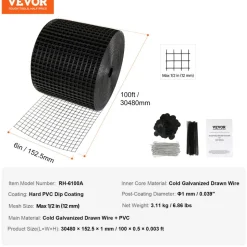 VEVOR 6 inch x 100ft Solar Panel Bird Guard, Critter Guard Roll Kit with 60pcs Aluminum Alloy Fasteners, Solar Panel Guard with Rust-proof PVC Coating, 1/2 inch Wire Roll Mesh