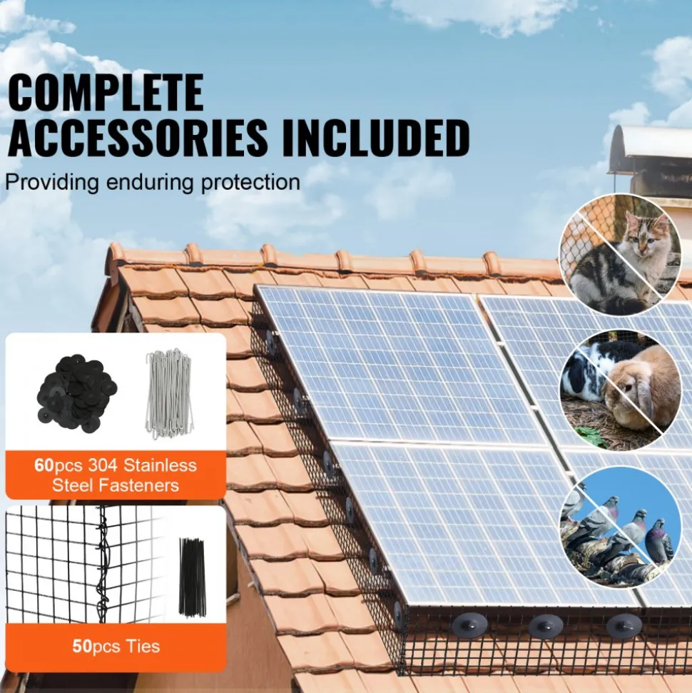 VEVOR 6 inch x 100ft Solar Panel Bird Guard, Critter Guard Roll Kit with 60pcs Aluminum Alloy Fasteners, Solar Panel Guard with Rust-proof PVC Coating, 1/2 inch Wire Roll Mesh