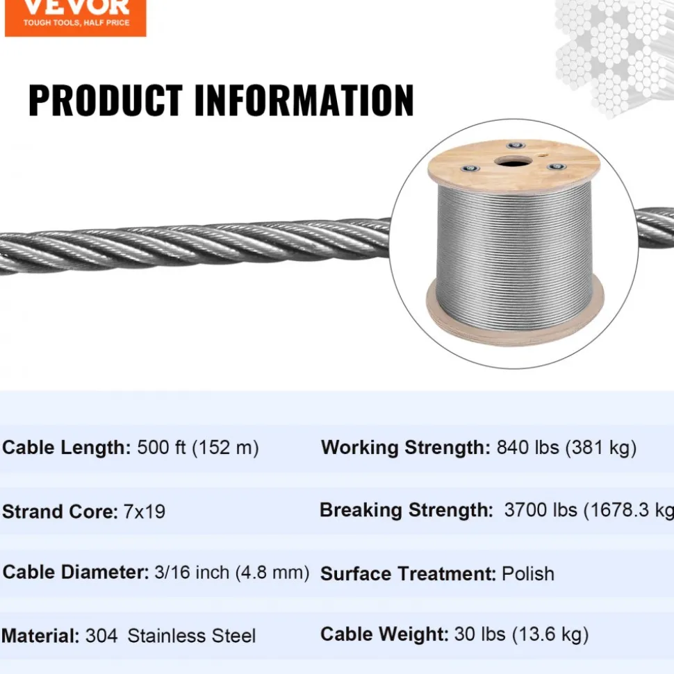 VEVOR 3/16 Inch 7x19 Stainless Steel Aircraft Cable Reel 500FT Stainless Steel Cable T304 Wire Rope Winch Cable Replacement (T304)