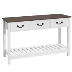 VEVOR 47 in Console Table, Farmhouse Desk Behind the Couch with Drawers and Bottom Storage Shelf, Wooden Rectangle Entrance Narrow Sofa Table for Hallway, Bedroom, Living Room, Foyer, Brown + White