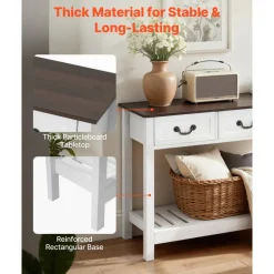 VEVOR 47 in Console Table, Farmhouse Desk Behind the Couch with Drawers and Bottom Storage Shelf, Wooden Rectangle Entrance Narrow Sofa Table for Hallway, Bedroom, Living Room, Foyer, Brown + White