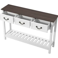 VEVOR 47 in Console Table, Farmhouse Desk Behind the Couch with Drawers and Bottom Storage Shelf, Wooden Rectangle Entrance Narrow Sofa Table for Hallway, Bedroom, Living Room, Foyer, Brown + White