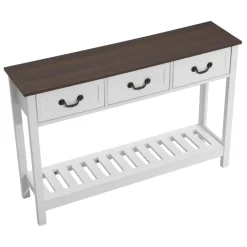 VEVOR 47 in Console Table, Farmhouse Desk Behind the Couch with Drawers and Bottom Storage Shelf, Wooden Rectangle Entrance Narrow Sofa Table for Hallway, Bedroom, Living Room, Foyer, Brown + White
