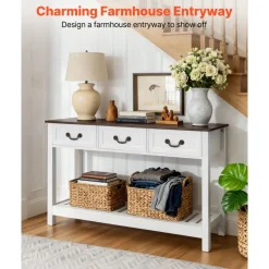 VEVOR 47 in Console Table, Farmhouse Desk Behind the Couch with Drawers and Bottom Storage Shelf, Wooden Rectangle Entrance Narrow Sofa Table for Hallway, Bedroom, Living Room, Foyer, Brown + White