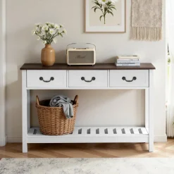 VEVOR 47 in Console Table, Farmhouse Desk Behind the Couch with Drawers and Bottom Storage Shelf, Wooden Rectangle Entrance Narrow Sofa Table for Hallway, Bedroom, Living Room, Foyer, Brown + White