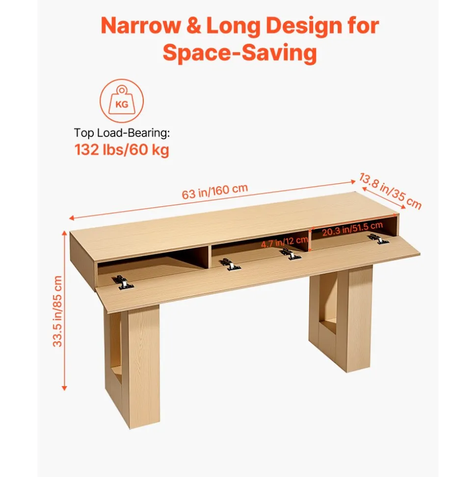 VEVOR 63 in Console Table, Farmhouse Desk Behind the Couch, Wooden Rectangle Entrance Desk, Narrow Long Sofa Table Accent Stand for Hallway, Bedroom, Living Room, Foyer, Easy Assembly, Burlywood