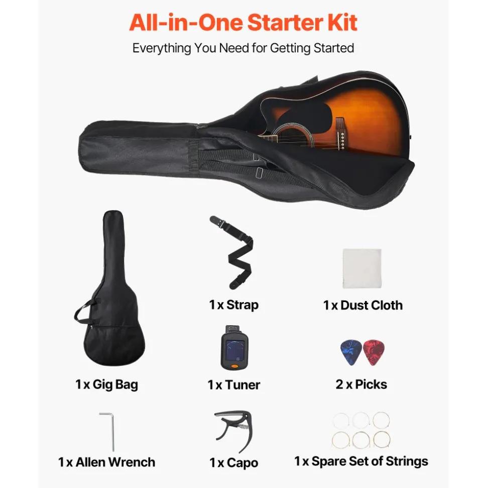 VEVOR 41 in Cutway Acoustic Guitar, 6-String, Sunburst Solid Spruce Top Guitar, Beginner Bundle with Gig Bag, Tuner, Strap, Steel Strings, Picks, Capo, Rosewood Fingerboard, for Fingerstyle Solo Jazz