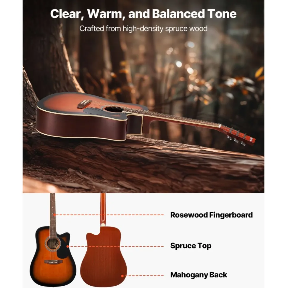 VEVOR 41 in Cutway Acoustic Guitar, 6-String, Sunburst Solid Spruce Top Guitar, Beginner Bundle with Gig Bag, Tuner, Strap, Steel Strings, Picks, Capo, Rosewood Fingerboard, for Fingerstyle Solo Jazz
