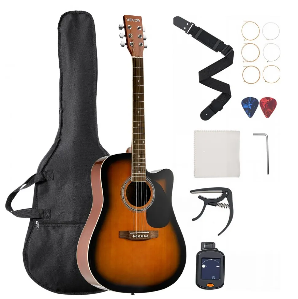 VEVOR 41 in Cutway Acoustic Guitar, 6-String, Sunburst Solid Spruce Top Guitar, Beginner Bundle with Gig Bag, Tuner, Strap, Steel Strings, Picks, Capo, Rosewood Fingerboard, for Fingerstyle Solo Jazz