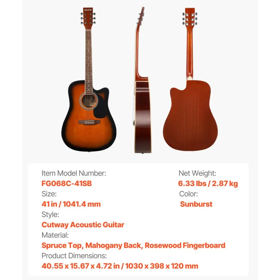 VEVOR 41 in Cutway Acoustic Guitar, 6-String, Sunburst Solid Spruce Top Guitar, Beginner Bundle with Gig Bag, Tuner, Strap, Steel Strings, Picks, Capo, Rosewood Fingerboard, for Fingerstyle Solo Jazz