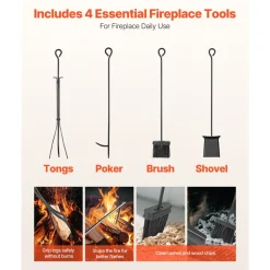 VEVOR Indoor Firewood Rack, 1.3 ft 2-Tier Firewood Holder with Fireplace Tools, Brush, Shovel, Poker, Tongs, Heavy Duty Log Wood Rack, 400 lbs Weight Capacity, Wood Pile Storage Stacker for Fire Pit