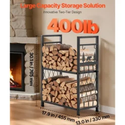 VEVOR Indoor Firewood Rack, 1.3 ft 2-Tier Firewood Holder with Fireplace Tools, Brush, Shovel, Poker, Tongs, Heavy Duty Log Wood Rack, 400 lbs Weight Capacity, Wood Pile Storage Stacker for Fire Pit