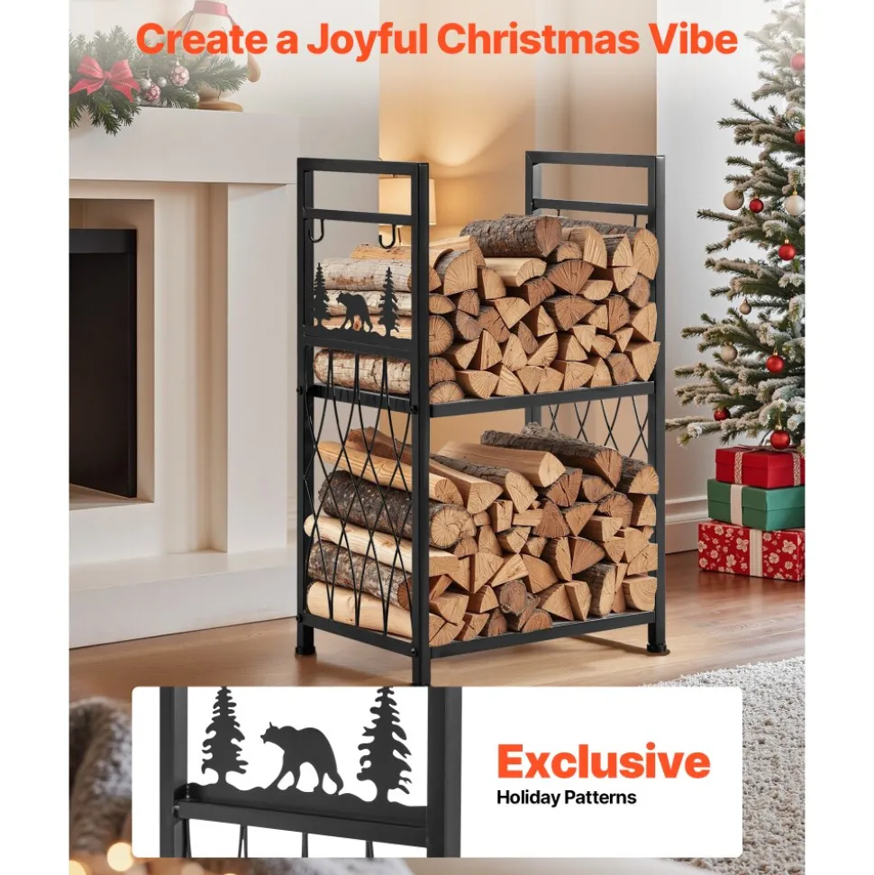 VEVOR Indoor Firewood Rack, 1.3 ft 2-Tier Firewood Holder with Fireplace Tools, Brush, Shovel, Poker, Tongs, Heavy Duty Log Wood Rack, 400 lbs Weight Capacity, Wood Pile Storage Stacker for Fire Pit
