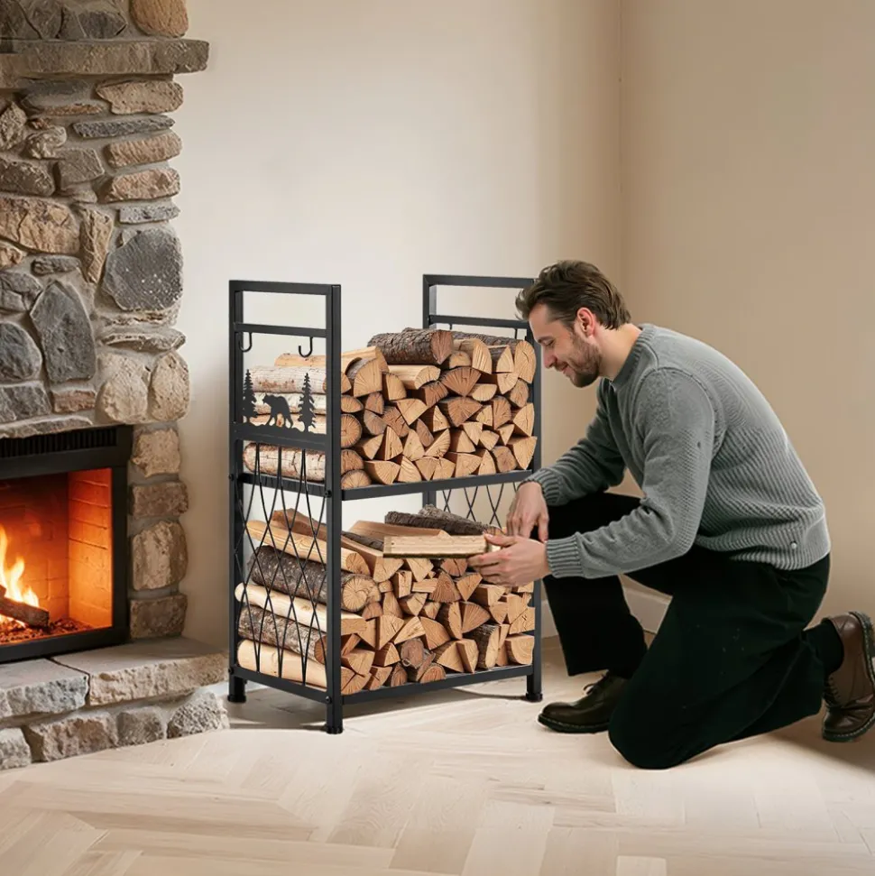 VEVOR Indoor Firewood Rack, 1.3 ft 2-Tier Firewood Holder with Fireplace Tools, Brush, Shovel, Poker, Tongs, Heavy Duty Log Wood Rack, 400 lbs Weight Capacity, Wood Pile Storage Stacker for Fire Pit