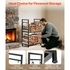 VEVOR Indoor Firewood Rack, 1.3 ft 2-Tier Firewood Holder with Fireplace Tools, Brush, Shovel, Poker, Tongs, Heavy Duty Log Wood Rack, 400 lbs Weight Capacity, Wood Pile Storage Stacker for Fire Pit
